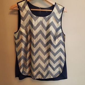 J CREW Large 12 Tank Top Gilded Chevron Gold Metallic Shell Navy Blue Sleeveless